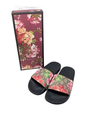 Gucci GG Web Supreme Bloom Pursuit Floral Slide Sandals Size EU 39